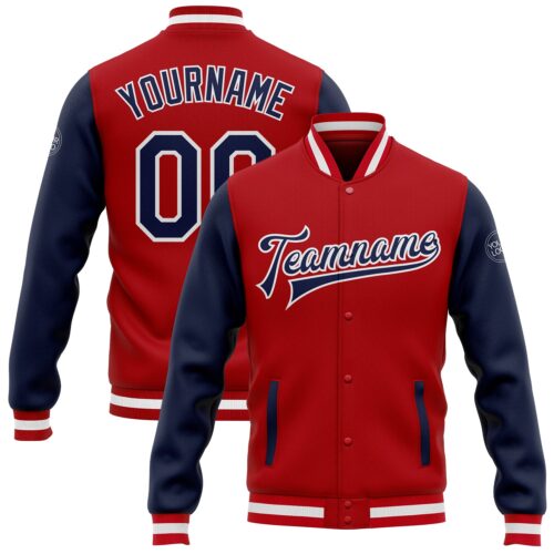 Jacket0109 Custom Red Navy-White Bomber Full-Snap Varsity Letterman Two Tone Jacket