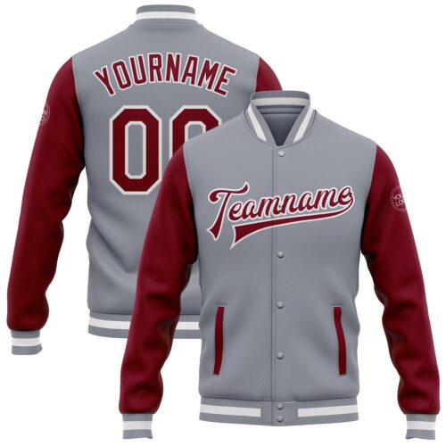 Jacket0124 Custom Gray Crimson-White Bomber Full-Snap Varsity Letterman Two Tone Jacket