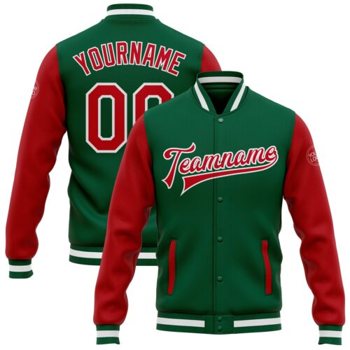 Jacket0127 Custom Kelly Green Red-White Bomber Full-Snap Varsity Letterman Two Tone Jacket