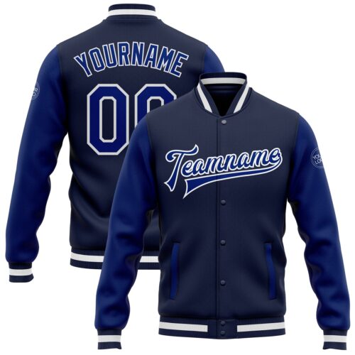 Jacket0132 Custom Navy Royal-White Bomber Full-Snap Varsity Letterman Two Tone Jacket