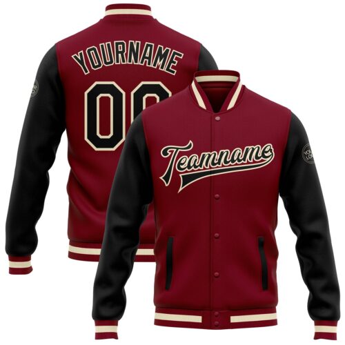 Jacket0139 Custom Crimson Black-Cream Bomber Full-Snap Varsity Letterman Two Tone Jacket