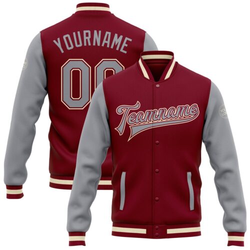 Jacket0141 Custom Crimson Gray-Cream Bomber Full-Snap Varsity Letterman Two Tone Jacket