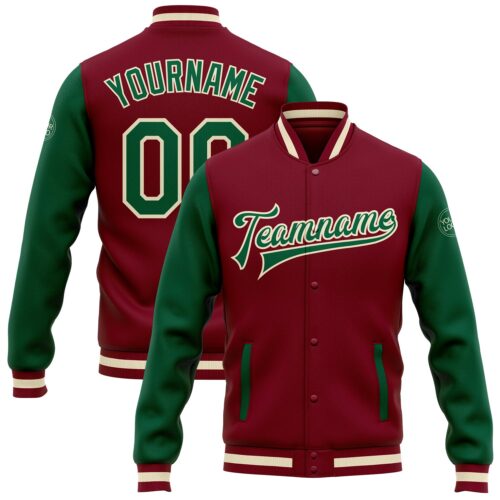 Jacket0142 Custom Crimson Kelly Green-Cream Bomber Full-Snap Varsity Letterman Two Tone Jacket