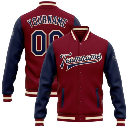 Jacket0143 Custom Crimson Navy-Cream Bomber Full-Snap Varsity Letterman Two Tone Jacket