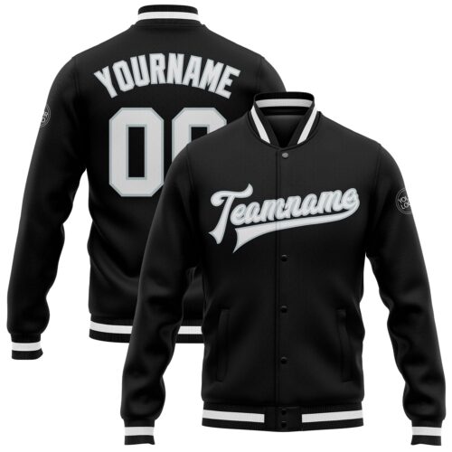 Jacket0160 Custom Black White-Silver Bomber Full-Snap Varsity Letterman Jacket