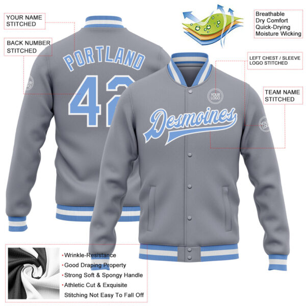 Custom Gray Light Blue-White Bomber Full-Snap Varsity Letterman Jacket