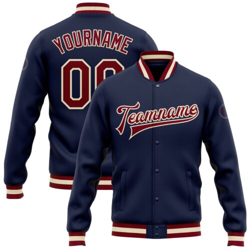 Jacket0184 Custom Navy Maroon-Cream Bomber Full-Snap Varsity Letterman Jacket