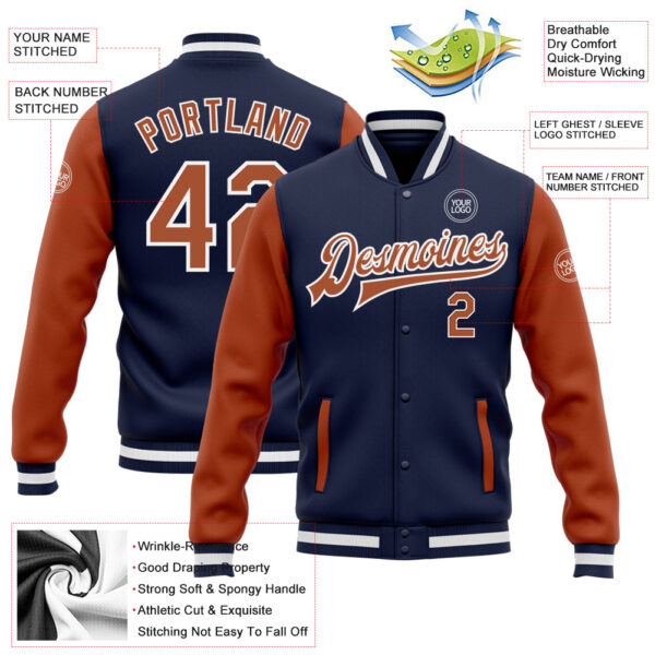 Custom Navy Texas Orange-White Bomber Full-Snap Varsity Letterman Two Tone Jacket