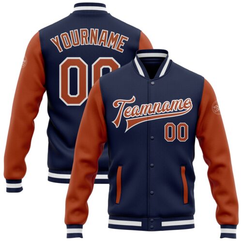 Jacket0215_641dc588-b008-451e-b484-90a0e238f376 Custom Navy Texas Orange-White Bomber Full-Snap Varsity Letterman Two Tone Jacket