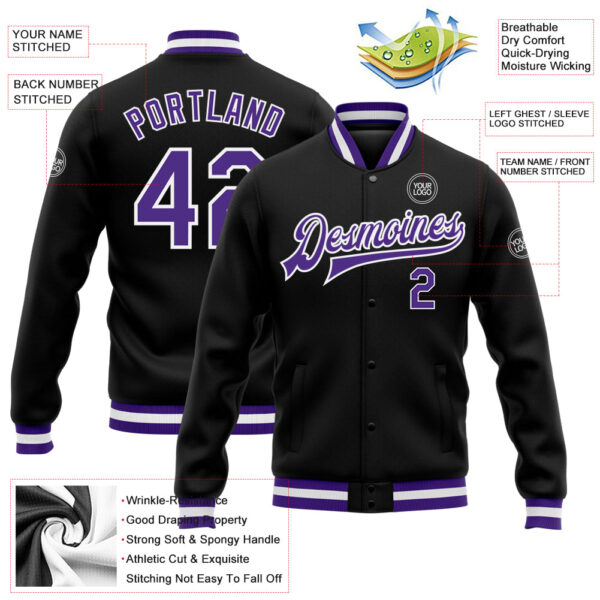 Custom Black Purple-White Bomber Full-Snap Varsity Letterman Jacket
