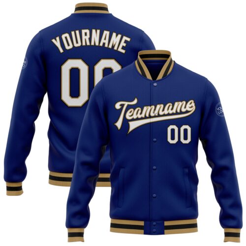 Jacket0249 Custom Royal White Old Gold-Black Bomber Full-Snap Varsity Letterman Jacket