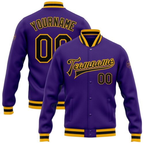 Jacket0277 Custom Purple Black-Gold Bomber Full-Snap Varsity Letterman Jacket