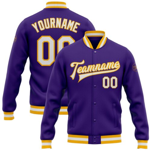 Jacket0281 Custom Purple White-Gold Bomber Full-Snap Varsity Letterman Jacket