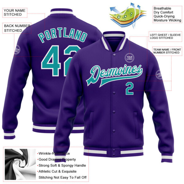 Custom Purple Teal-White Bomber Full-Snap Varsity Letterman Jacket
