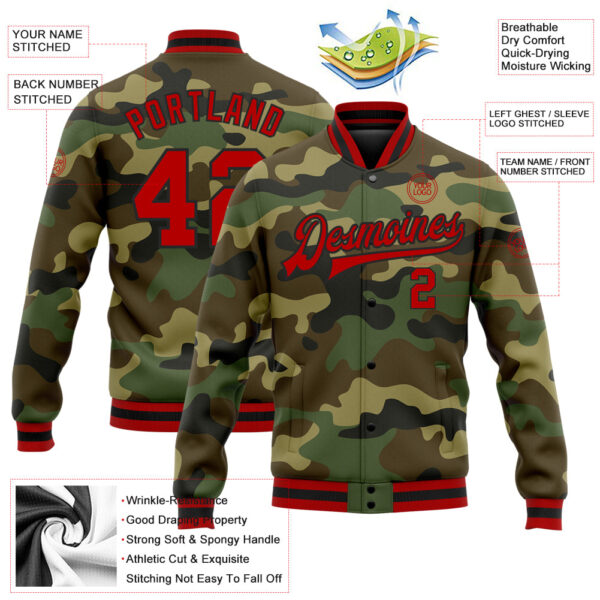 Custom Camo Red-Black Bomber Full-Snap Varsity Letterman Salute To Service Jacket