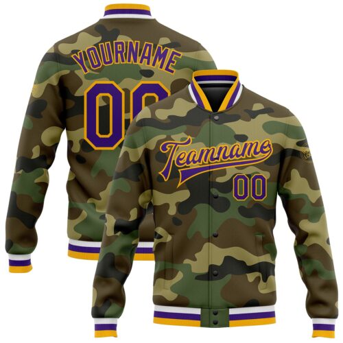 Jacket0314 Custom Camo Purple-Gold Bomber Full-Snap Varsity Letterman Salute To Service Jacket