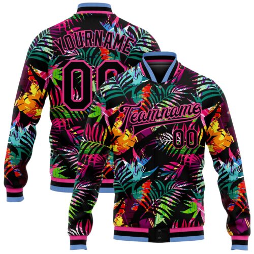 Jacket0353_84c49413-f2ba-4687-8d2d-8dfd7a746704 Custom Black Pink-Light Blue Hawaii Palm Trees 3D Bomber Full-Snap Varsity Letterman Jacket