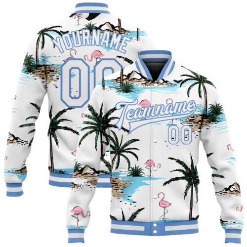 Jacket0356 Custom White White-Light Blue Hawaii Palm Trees And Flamingo 3D Bomber Full-Snap Varsity Letterman Jacket