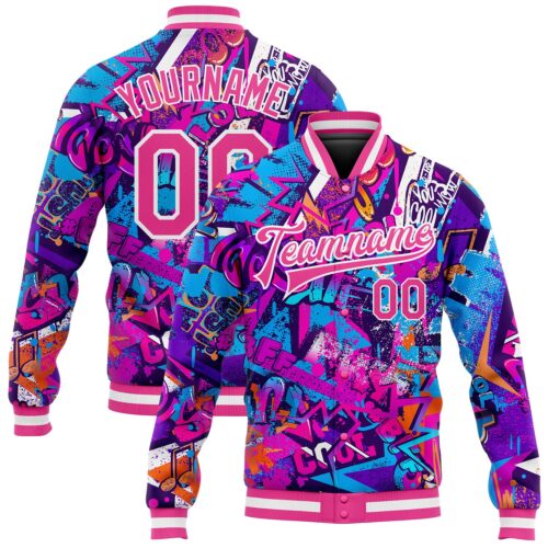 Jacket0360_0bf19644-ba1b-4aff-89f2-b15d1a4b5e40 Custom Graffiti Pattern Pink-White Words 3D Bomber Full-Snap Varsity Letterman Jacket