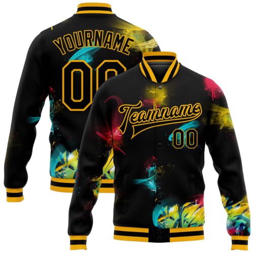 Jacket0365_bc23048a-819c-44f2-a0be-2fb88e5feda0 Custom Graffiti Pattern Black-Gold 3D Bomber Full-Snap Varsity Letterman Jacket