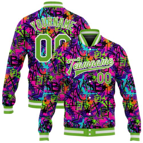 Jacket0366_352f5be4-8028-4a52-8c87-cff0229d249f Custom Graffiti Pattern Neon Green-White 3D Bomber Full-Snap Varsity Letterman Jacket