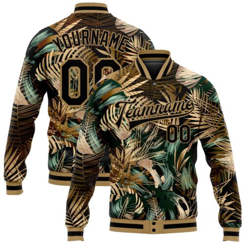 Jacket0374_dd3df606-eec8-47ad-a2ab-abf1a9214078 Custom Black Black-Old Gold Hawaii Palm Trees 3D Bomber Full-Snap Varsity Letterman Jacket