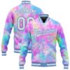 Custom Tie Dye White-Light Blue Rainbow 3D Bomber Full-Snap Varsity Letterman Jacket