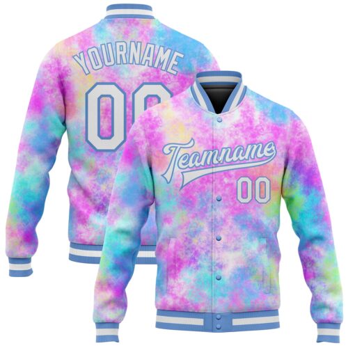 Jacket0382 Custom Tie Dye White-Light Blue Rainbow 3D Bomber Full-Snap Varsity Letterman Jacket
