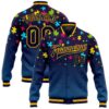 Custom Autism Supporter Awareness Puzzle Pieces Navy-Gold 3D Bomber Full-Snap Varsity Letterman Jacket