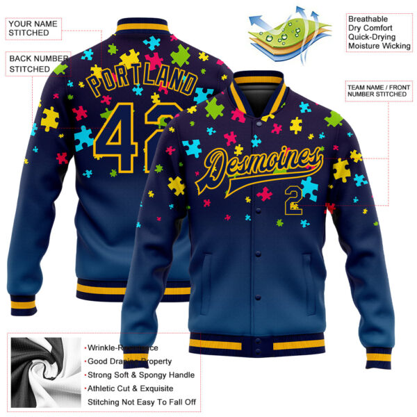 Custom Autism Supporter Awareness Puzzle Pieces Navy-Gold 3D Bomber Full-Snap Varsity Letterman Jacket