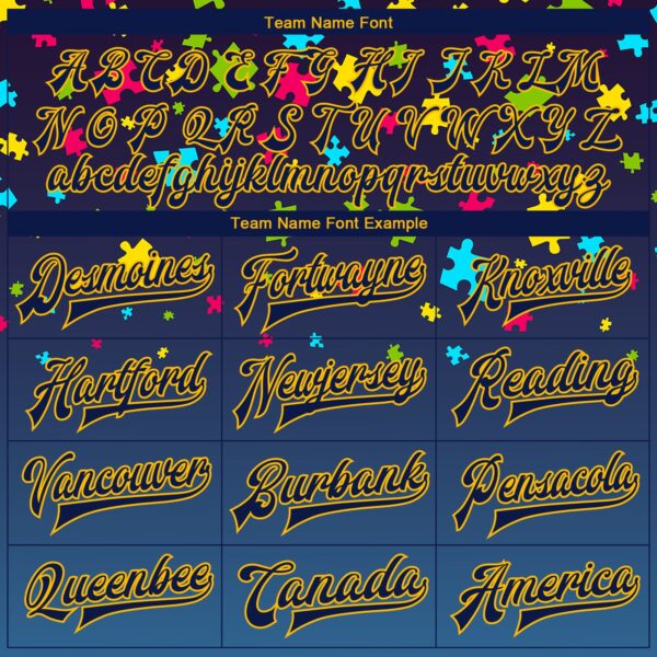 Custom Autism Supporter Awareness Puzzle Pieces Navy-Gold 3D Bomber Full-Snap Varsity Letterman Jacket