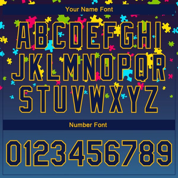 Custom Autism Supporter Awareness Puzzle Pieces Navy-Gold 3D Bomber Full-Snap Varsity Letterman Jacket