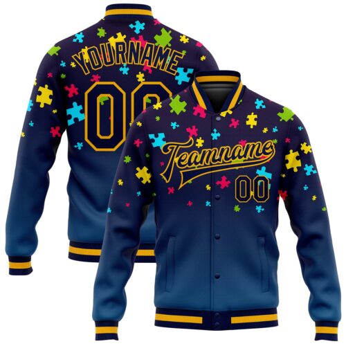 Custom Autism Supporter Awareness Puzzle Pieces Navy-Gold 3D Bomber Full-Snap Varsity Letterman Jacket