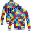 Custom Autism Supporter Awareness Puzzle Pieces Royal-White 3D Bomber Full-Snap Varsity Letterman Jacket
