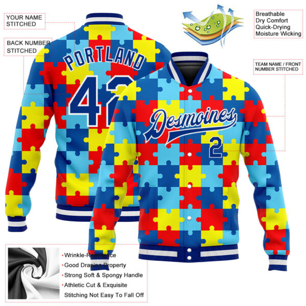 Custom Autism Supporter Awareness Puzzle Pieces Royal-White 3D Bomber Full-Snap Varsity Letterman Jacket