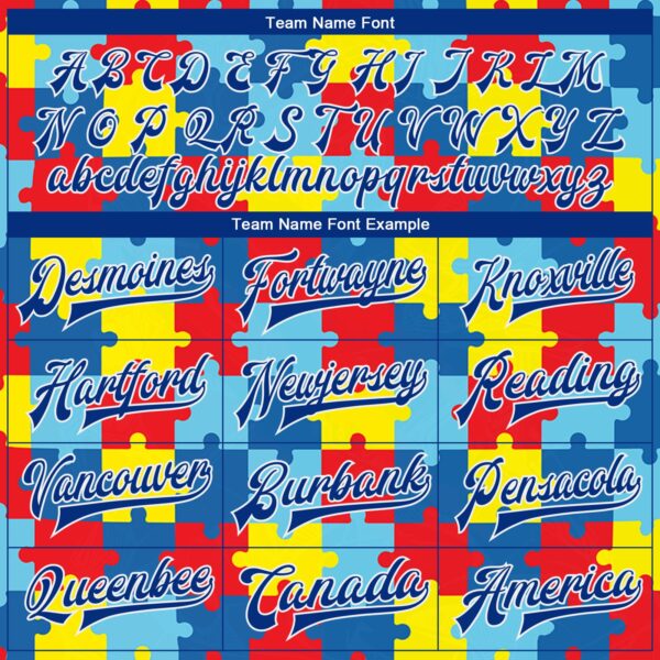 Custom Autism Supporter Awareness Puzzle Pieces Royal-White 3D Bomber Full-Snap Varsity Letterman Jacket