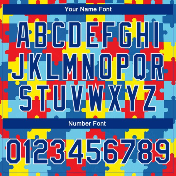 Custom Autism Supporter Awareness Puzzle Pieces Royal-White 3D Bomber Full-Snap Varsity Letterman Jacket