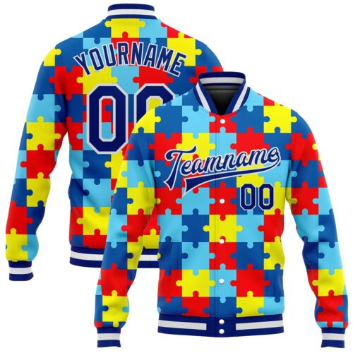 Jacket0393 Custom Autism Supporter Awareness Puzzle Pieces Royal-White 3D Bomber Full-Snap Varsity Letterman Jacket