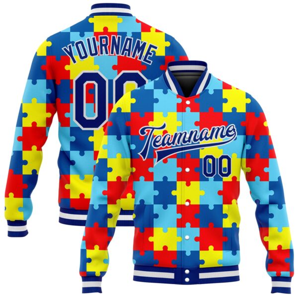 Custom Autism Supporter Awareness Puzzle Pieces Royal-White 3D Bomber Full-Snap Varsity Letterman Jacket