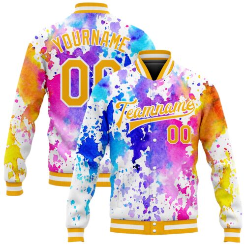 Jacket0396_db33cd75-4a64-48b6-ad9e-7f4988eb7aed Custom Tie Dye Gold-White Rainbow 3D Bomber Full-Snap Varsity Letterman Jacket