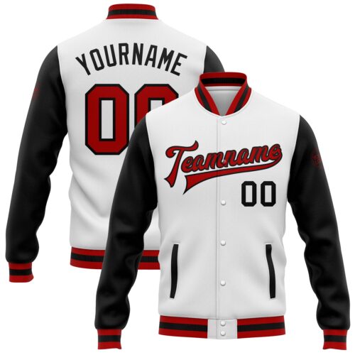 Jacket0414 Custom White Red-Black Bomber Full-Snap Varsity Letterman Two Tone Jacket