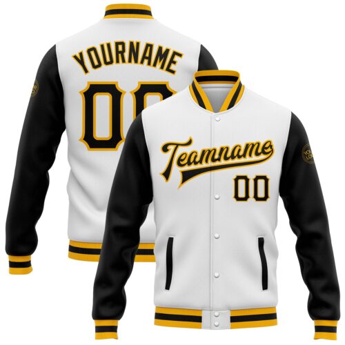 Jacket0415 Custom White Black-Gold Bomber Full-Snap Varsity Letterman Two Tone Jacket