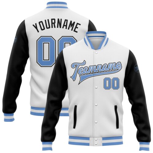 Jacket0419 Custom White Light Blue-Black Bomber Full-Snap Varsity Letterman Two Tone Jacket