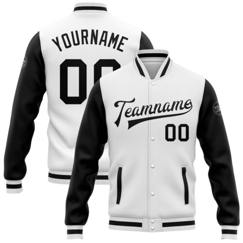 Jacket0421 Custom White Black Bomber Full-Snap Varsity Letterman Two Tone Jacket