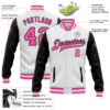 Custom White Pink-Black Bomber Full-Snap Varsity Letterman Two Tone Jacket