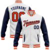 Custom White Orange-Navy Bomber Full-Snap Varsity Letterman Two Tone Jacket