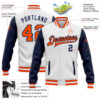 Custom White Orange-Navy Bomber Full-Snap Varsity Letterman Two Tone Jacket