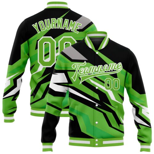 Jacket0455_5d75a3ef-7a2b-42cf-8fb5-501122587d92 Custom Neon Green Neon Green Black-Gray 3D Pattern Design Bomber Full-Snap Varsity Letterman Jacket