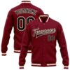 Custom Crimson Black Cream-Maroon Bomber Full-Snap Varsity Letterman Jacket