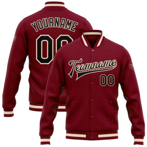 Jacket0505 Custom Crimson Black Cream-Maroon Bomber Full-Snap Varsity Letterman Jacket